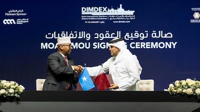 Qatar's Deputy Prime Minister and Minister of State for Defence Affairs, Sheikh Saoud bin Abdulrahman Al Thani, meets Somalia's Minister of Defence Ahmed Moallim Fiqi.