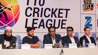 Shahid Afridi, second from left, and Eoin Morgan, right, among stars to commit to the T10 Cricket League. Antonie Robertson / The National