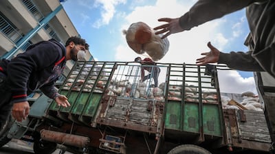 Palestinian workers at the United Nation Relief and Works Agency (UNRWA) wearing protective masks upload food aid rations for poor refugee families, at a UN school in Gaza City. EPA