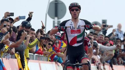 Portuguese rider Rui Costa of the UAE Team Emirates celebrates after winning third stage of the Abu Dhabi Tour on February 25, 2017. Matteo Bazzi / EPA