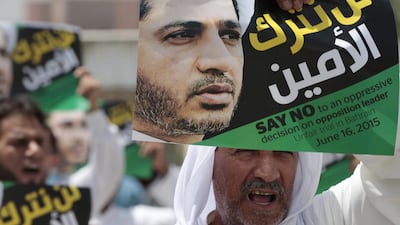 Bahraini Shiite Muslims chant slogans during a march in support of prominent jailed opposition leader Sheikh Ali Salman after mid-day prayers Friday, June 12, 2015, in Diraz, Bahrain. AP