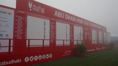 ABU DHABI, UNITED ARAB EMIRATES - JANUARY 22: The main leaderboard is seen as play is delayed due to fog during the second round of the Abu Dhabi HSBC Golf Championship at the Abu Dhabi Golf Club on January 22, 2016 in Abu Dhabi, United Arab Emirates. (Photo by Andrew Redington/Getty Images)