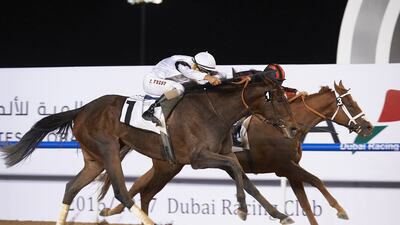 Antonio Fresu on Furia Cruzada wins by a nose at Meydan racecourse on Thursday evening. Andrew Watkins / Dubai Racing Club