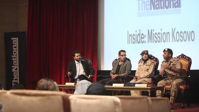 At last night’s event, from left, Faisal Al Yafai of The National, the documentary’s producer Samer Arzouni and Lt Col Dr Aysha Sultan Al Dhaheri and Lt Col Staff Sultan Mohammed Al Katebi of the Armed Forces. The officers described their humanitarian and peacekeeping roles in Kosovo. Lee Hoagland / The National
