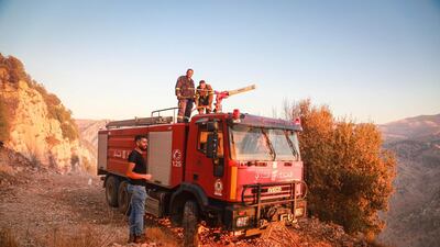 A firetruck from the Lebanese Civil Defense arrives to put out fires in in Jird Meshmesh, in Lebanon’s Akkar region. Khaled Taleb for The National