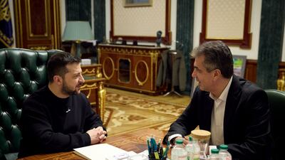 Ukraine's President Volodymyr Zelenskyy, left, meets Israel's Foreign Minister Eli Cohen in Kyiv. AFP