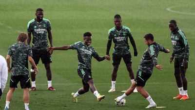 Real Madrid players during training on the eve of their Champions League match against RB Leipzig. AFP