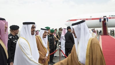 Sheikh Mohammed bin Zayed greets a Saudi dignitary upon arriving in Riyadh to attend the GCC Summit. Seen with King Salman Al Saud of Saudi Arabia. Ryan Carter / Crown Prince Court - Abu Dhabi