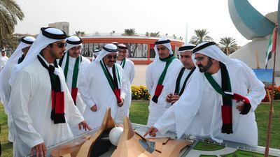 L-R: Sheikh Mansour bin Zayed, Deputy Prime Minister and Minister of Presidential Affairs, Sheikh Abdullah bin Zayed, Minister of Foreign Affairs, Sheikh Hamdan bin Rashid, Minister of Finance and Deputy Ruler of Dubai, Sheikh Saif bin Zayed, Deputy Prime Minister and Minister of Interior and Sheikh Mohammed bin Rashid, Vice President, Prime Minister and Ruler of Dubai, look at a model of the Etihad Museum complex. Wam