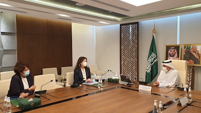 French ambassador to Lebanon Anne Grillo, left, and US envoy Dorothy Shea, centre, hold talks in Riyadh to discuss the situation in Lebanon. French Embassy Twitter account