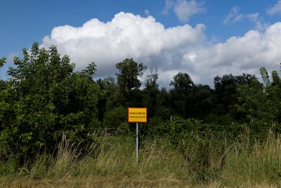 A sign prohibiting border crossings near the Bug river at the Polish-Belarusian border. Reuters