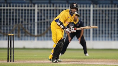 Khurram Khan of Danube Lions playing a shot during the Bukhatir League final on Monday against Al Faraa in Sharjah. Pawan Singh / The National
