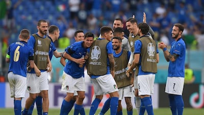 Matteo Pessina celebrates with Italy teammates after the Euro 2020 win over Wales at the Stadio Olimpico. Reuters