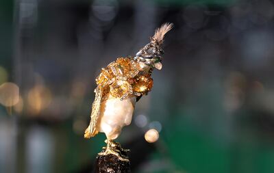 A Dh60,000 falcon hood designed by Miwako Yanagisawa. Pawan Singh / The National