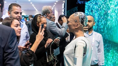 The Saudi robot Sofia at the Etisalat stand.