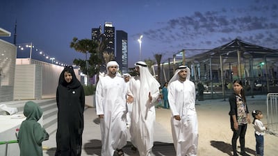 (From left to right) Reem Al Hashimi, Minister of State for International Co-operation; Sheikh Theyab bin Mohamed, Chairman of the Department of Transport, Mohammed Al Mazrouei, and Falah Mohamed Al Ahbabi, Chairman of the Department of Urban Planning and Municipalities, visit A'l Bahar on Tuesday. Mohammed Al Hammadi / Ministry of Presidential Affairs