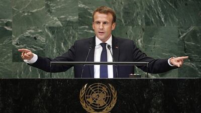 French President Emmanuel Macron reacts as he waits to be introduced to address the General Debate of the General Assembly of the United Nations at United Nations Headquarters. EPA