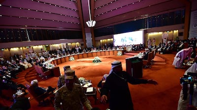 A general view of the hall housing the preparatory meeting of Arab Foreign Ministers ahead of the 28th Summit of the Arab League in Riyadh. Giuseppe Cacace / AFP Photo