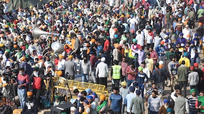 Indian farmers gather during the ongoing protest after police tried to stop them from entering in Delhi to protest against new agricultural laws. EPA