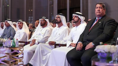 Sheikh Mohammed bin Rashid, Vice President and Ruler of Dubai, and Sheikh Hamdan bin Mohammed, Crown Prince of Dubai, attend the first day of the two-day Global Space Congress in Abu Dhabi on Tuesday. Wam