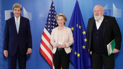 United States Special Presidential Envoy for Climate John Kerry, left, European Commission President Ursula von der Leyen, center, and European Commissioner for European Green Deal Frans Timmermans. AP