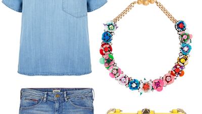 Try out one of the season’s biggest trends – denim on denim, and go bright and chunky with your accessories. Think 3-D florals, punky studs and textured metallics. 1. Top, Dh125, Gap. 2. Jeans, Dh579, Tommy Hilfiger, Abu Dhabi Mall, 02 645 9927; The Dubai Mall, 04 339 8097. 3. Necklace, Dh2,500, Shourouk at Harvey Nichols. 4. Bag, Dh7,860, Valentino at Harvey Nichols. 5. Sandals, Dh275, Marks & Spencer, Marina Mall, 02 679 6920; Dubai Festival City, 04 206 6466.