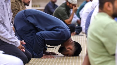 Worshippers at Hayy Juma bin Abaad Al Hamli Mosque, in the Rabdan area of the capital. Victor Besa / The National