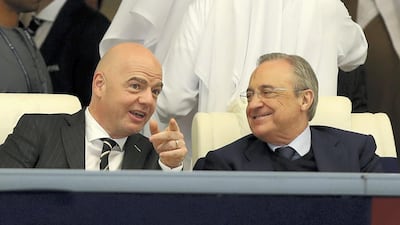 Madrid president. Fiorentino Perez (R) and FIFA president Gianni Infantino before the match between Real Madrid and Al Ain at the Fifa Club World Cup final at the Zayed Sports City Stadium, Abu Dhabi. Chris Whiteoak / The National