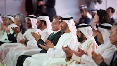 From right, Sheikh Saif, Sheikh Tahnoon bin Mohammed, Sheikh Mohammed bin Zayed, Mr Moon, Sheikh Hamdan bin Zayed and HH Sheikh Nahyan bin Zayed. Photo: Abdullah Al Junaibi