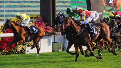 Joao Moreira will likely partner Designs On Rome, in red and yellow, on Dubai World Cup night for trainer John Moore. Vince Caligiuri / Getty Images