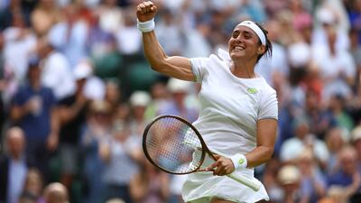 Tunisia's Ons Jabeur celebrates winning her fourth-round match against Czech Republic's Petra Kvitova at Wimbledon. Reuters