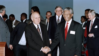 On September 26, 1992, African National Congress president Nelson Mandela and President FW de Klerk met to discuss ways to prevent political violence in South Africa. AFP