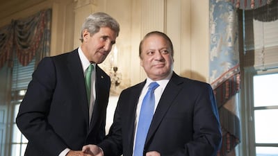 US secretary of state John Kerry meets with Pakistan prime minister Nawaz Sharif at the State Department in Washington. Cliff Owen / AP