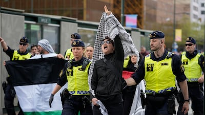 The protest was staged before the contest's final began in the city on Saturday. AP