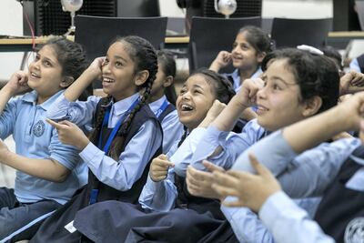 Students at Baniyas School take part at The Radio Studio Workshop with Lema? Reem Mohammed / The National