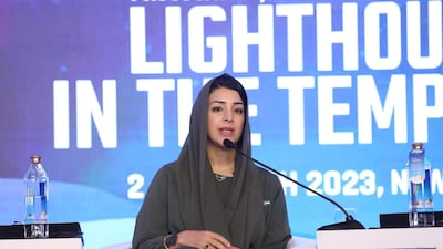 Reem Al Hashimy speaks at the Raisina Dialogue talks in New Dehli
