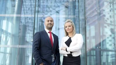 Tarig El Sheikh, left, co-founded Beneple, an online platform that enables SMEs to manage all their HR needs , and was acquired in August by Finsbury Associates headed by Danielle Suchley. Reem Mohammed / The National