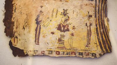 Artefact fragments on display outside newly-discovered burial chambers at the necropolis of Tuna el-Gebel, Egypt. AFP