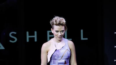 Scarlett Johansson, in Versace, attends the trailer launch for 'Ghost in the Shell' at the Tabloid on November 13, 2016 in Tokyo, Japan. Getty Images