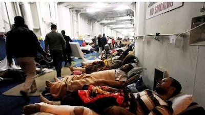 Injured Libyans onboard the Turkish ferry Ankara, in the port in Benghazi, Libya, before starting the 40-hour trip to Izmir.