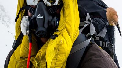 The UAE climbers wore heavily insulated clothing and oxygen masks for the final ascent to the summit. Courtesy UAE Armed Forces