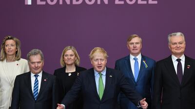 From left, Netherlands Defence Minister Kajsa Ollongren, Finland's President Sauli Niinisto, Sweden's Prime Minister Magdalena Andersson, Britain's Prime Minister Boris Johnson, Estonia's Defence Minister Kalle Laanet and Lithuania's President Gitanas Nauseda at the meeting at Lancaster House, London, on March 15. Getty