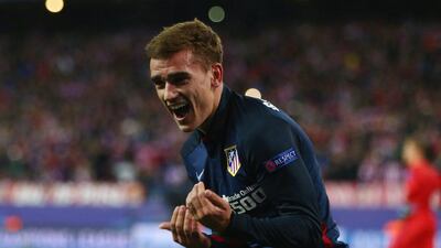 Antoine Griezmann of Atletico Madrid celebrates his team’s first goal during the Uefa Champions league quarter-final second leg match between Atletico Madrid and FC Barcelona at Vincente Calderon on April 13, 2016 in Madrid, Spain. (Photo by Alex Grimm/Bongarts/Getty Images)