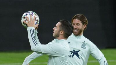 Spain midfielder Pablo Sarabia, left, and defender Sergio Ramos on the eve of the Euro 2020 Group F qualifier against Malta. AFP