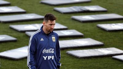 Argentina's Lionel Messim centre, attends a training session of the team at Valdebebas sports complex in Madrid. EPA