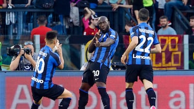 Inter Milan's Romelu Lukaku celebrates with Lautaro Martinez, left, after scoring in the Serie A game against Roma on May 6, 2023. EPA