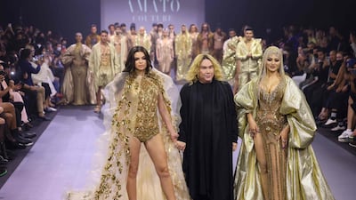 Nadia Ferreira, left, the reigning Miss Universe first runner-up and Miss Universe Paraguay, and Bollywood actress Urvashi Rautela at Furne One's show for his Amato Couture label, on the first day of Arab Fashion Week Menswear. All photos: AFP
