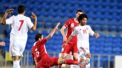 UAE’s Haboush Saleh, right, scored an injury-time winner during a friendly match against Jordan in Australia on Tuesday. Courtesy UAE FA