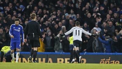 Kevin Mirallas of Everton celebrates scoring the second goal to put his side 2-0 up against Chelsea on Saturday in the Premier League. Stefan Wermuth / Reuters