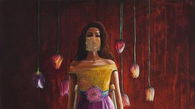 Shurooq Amin's Fashionista, mixed media on canvas, for the exhibition We'll Build This City on Art and Love at Ayyam Gallery in Dubai. Courtesy Shurooq Amin and Ayyam Gallery